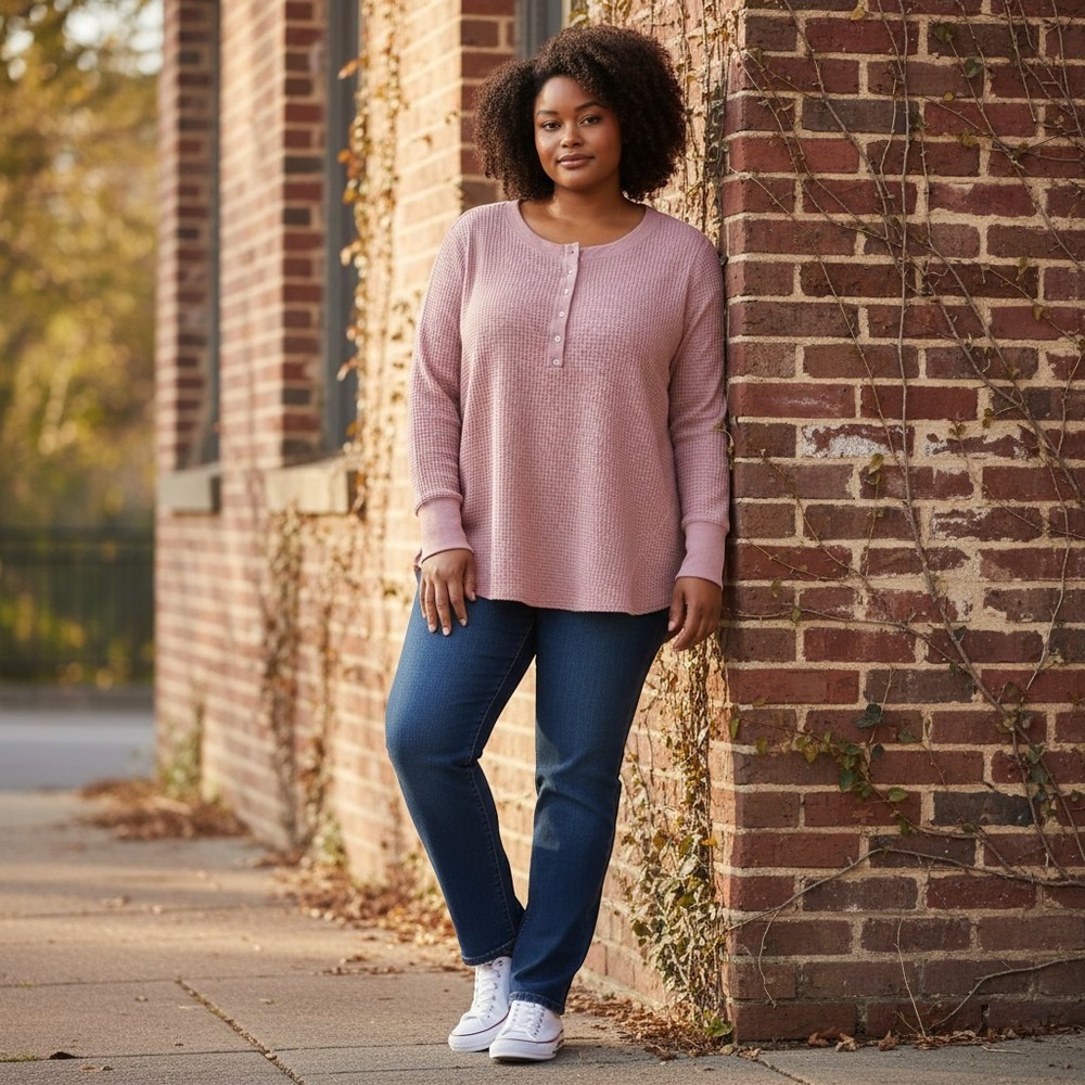 Cato Henley Top 18/20W Mauve Pink Excellent Waffle Knit Long Sleeve Button Front